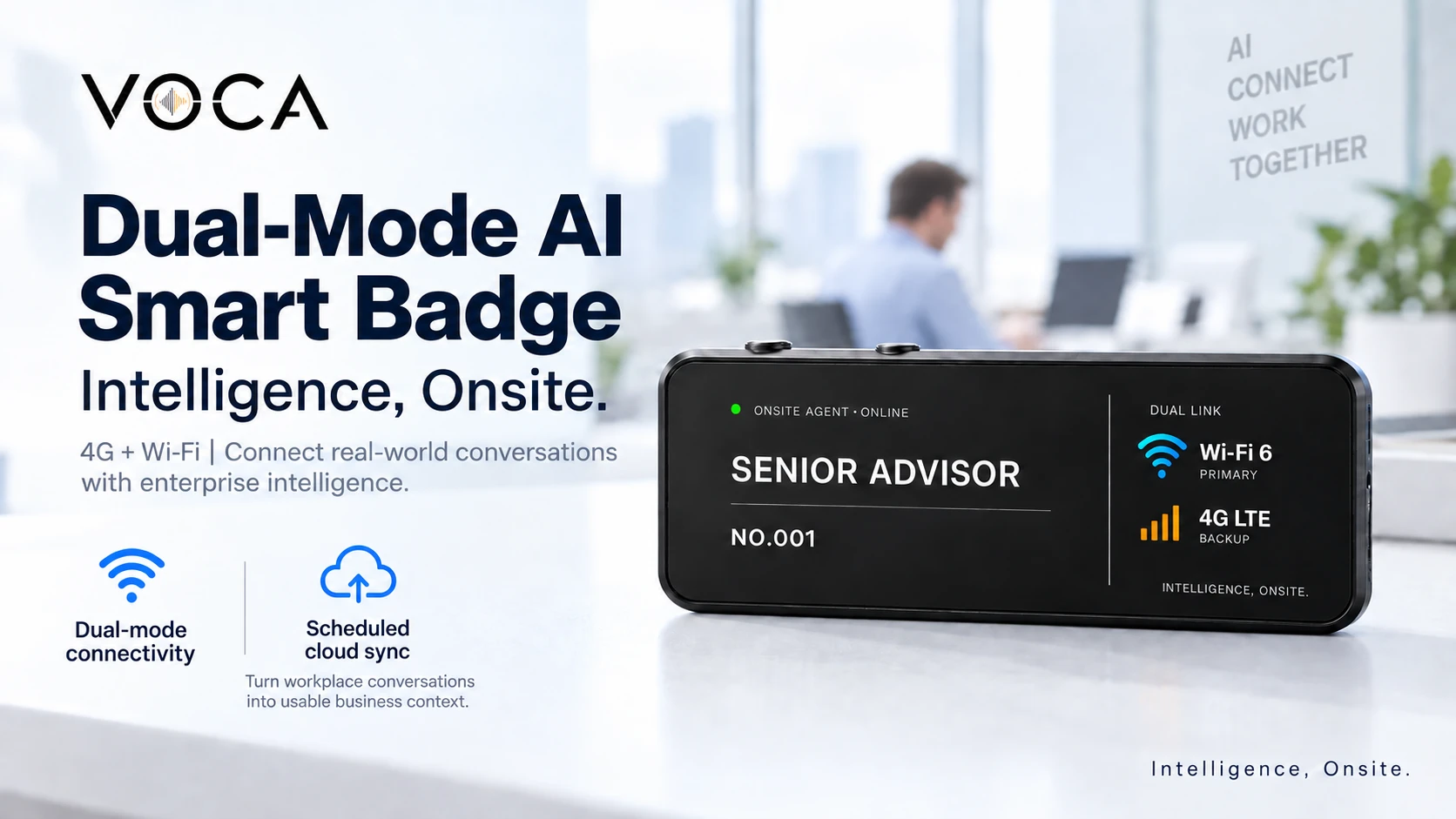 VOCA Dual-Mode AI Smart Badge — 4G and Wi-Fi connect real-world conversations with enterprise intelligence.