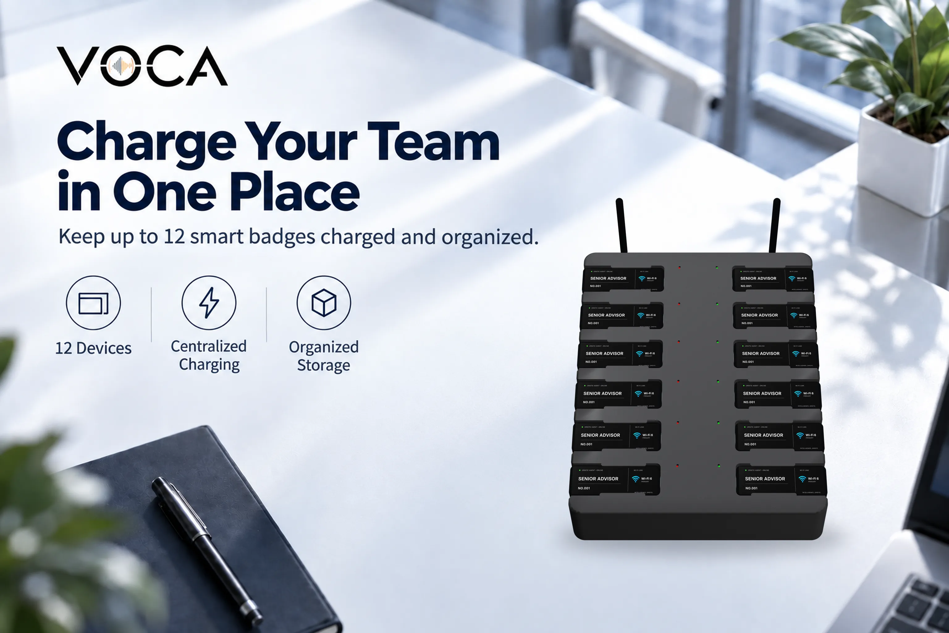 Centralized charging for a team of smart badges.