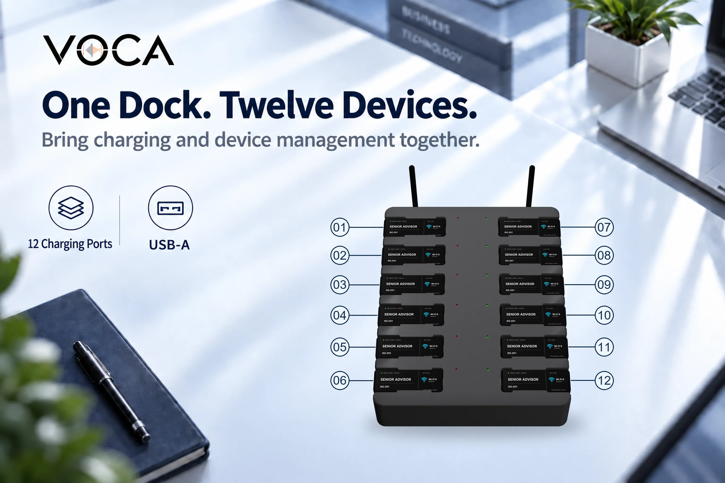 Manage multiple smart badges from one dock.