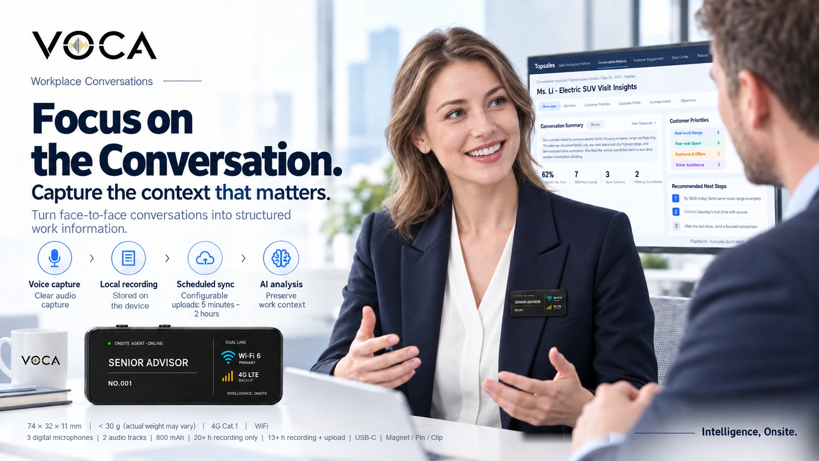 Focus on the conversation — capture workplace conversations with scheduled sync and AI analysis.