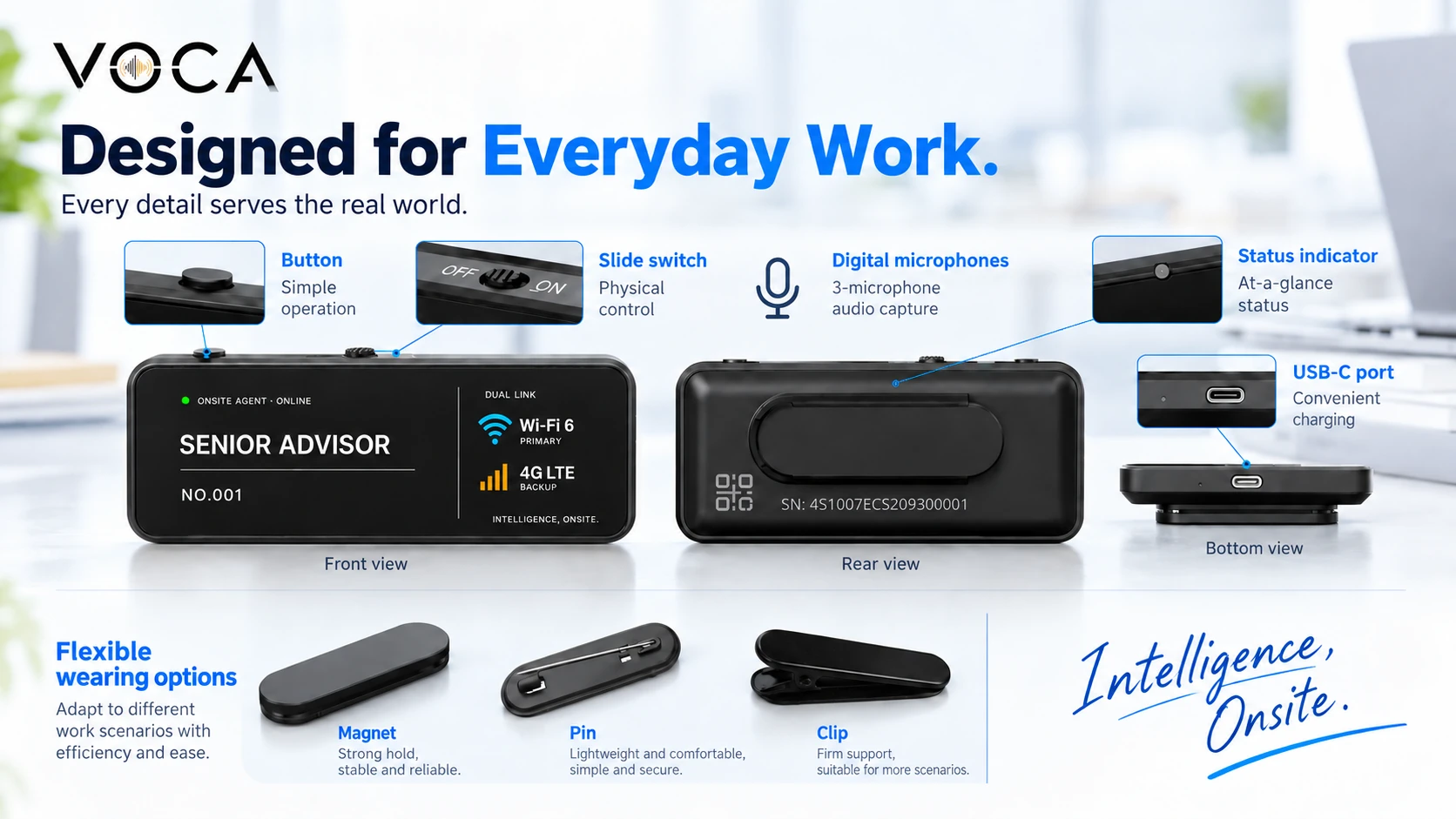 Designed for everyday work — button, slide switch, digital microphones, status indicator, USB-C port and flexible wearing options.